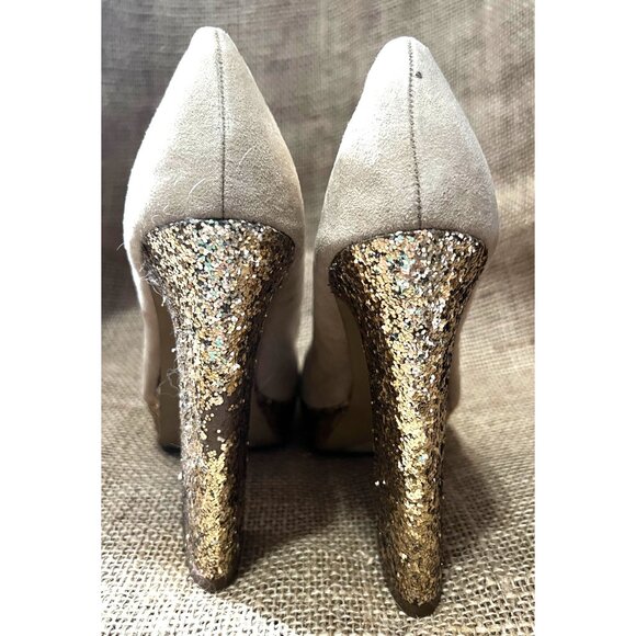 Beige Suede Platform Heels With Gold Glitter Block Heel & Sole Womens Size 6 Sty - Picture 7 of 9